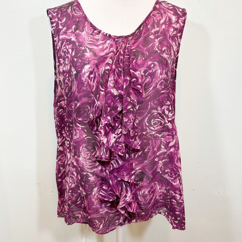 TALBOTS Romantic Silk Dark Fairy Purple Floral Ruffle Sleeveless Top Size 18